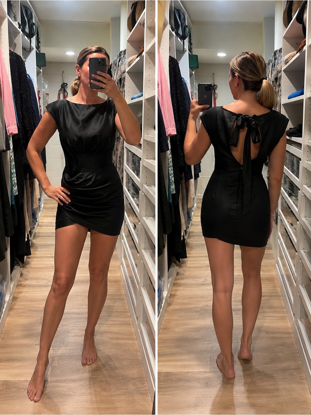 BCBGMaxAzria Black Satin Bow-Back Mini Dress
